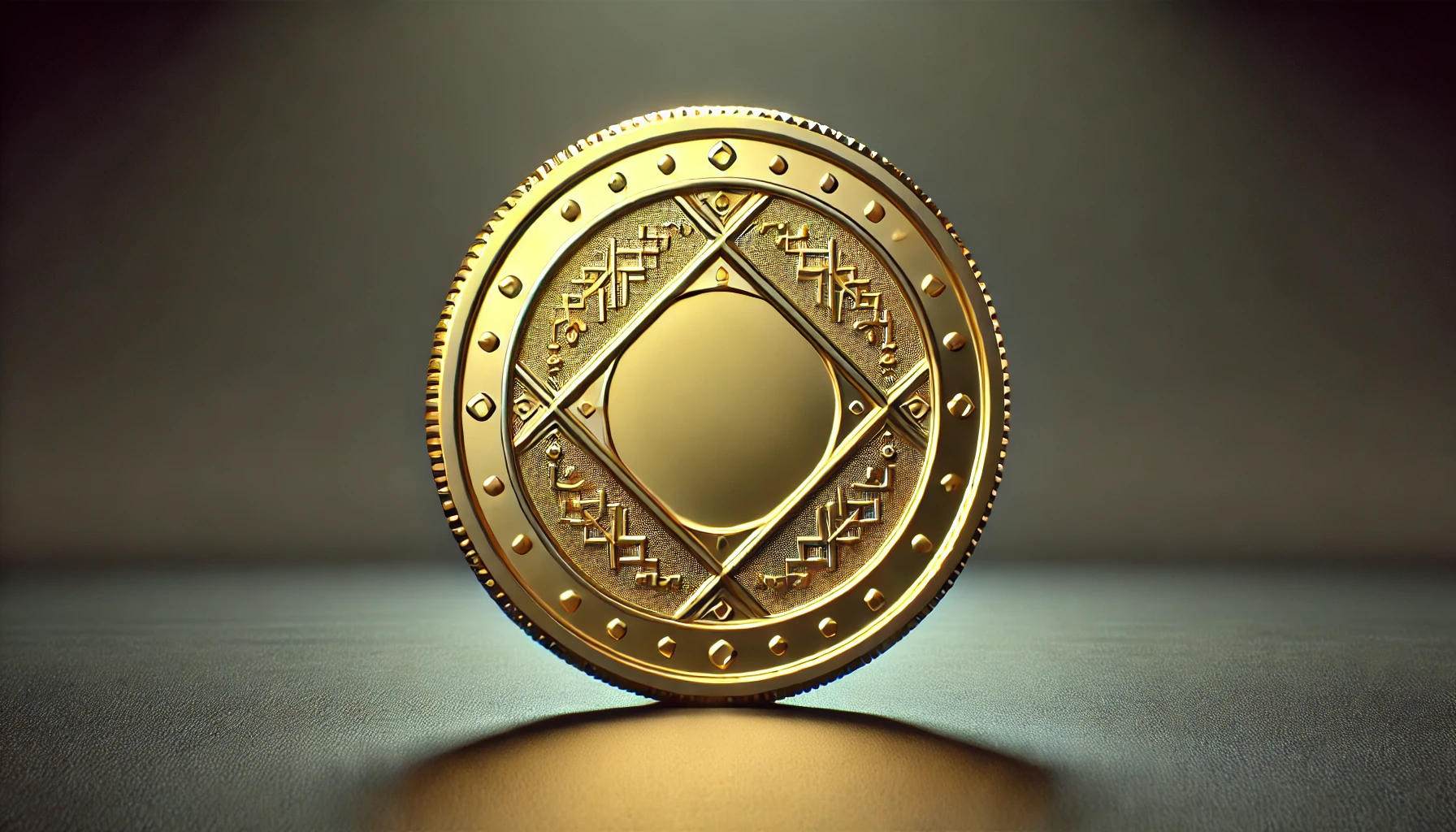 A shiny golden coin with intricate edge patterns and reflective lighting, floating against a dark background with a subtle shadow beneath it.