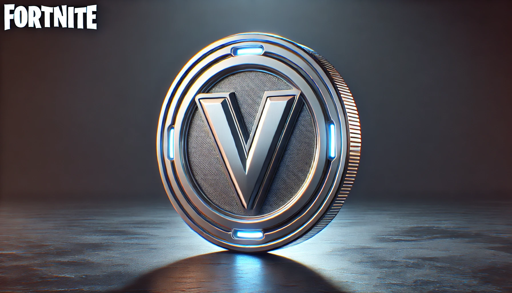 A sleek, metallic V-Bucks coin with a glowing futuristic design and the signature 'V' logo, resting against a dark background.