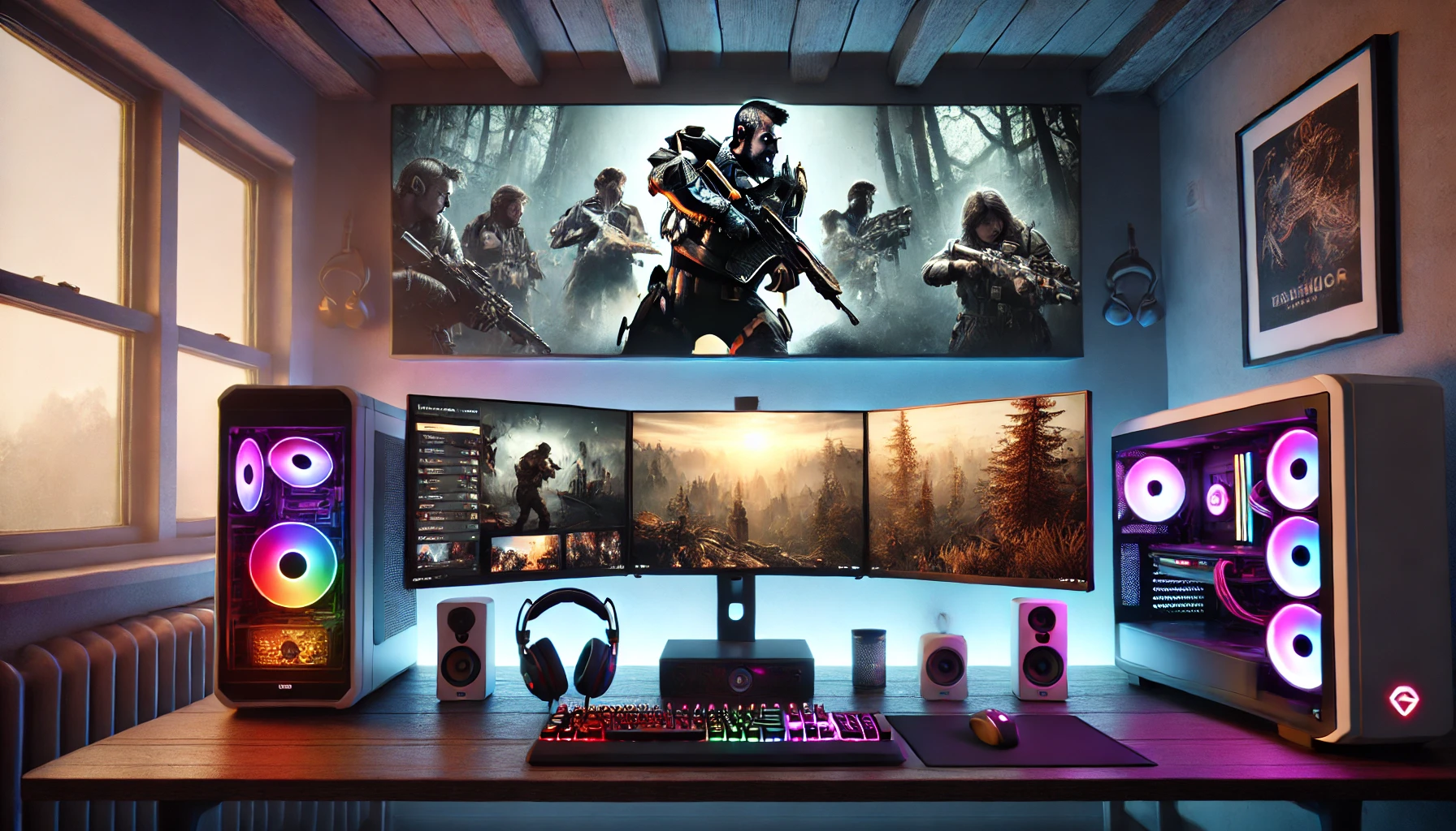 a modern gaming setup with a high-tech desktop PC, RGB lighting, and multiple monitors showcasing scenes from popular PC games like shooters, RPGs, and horror titles.