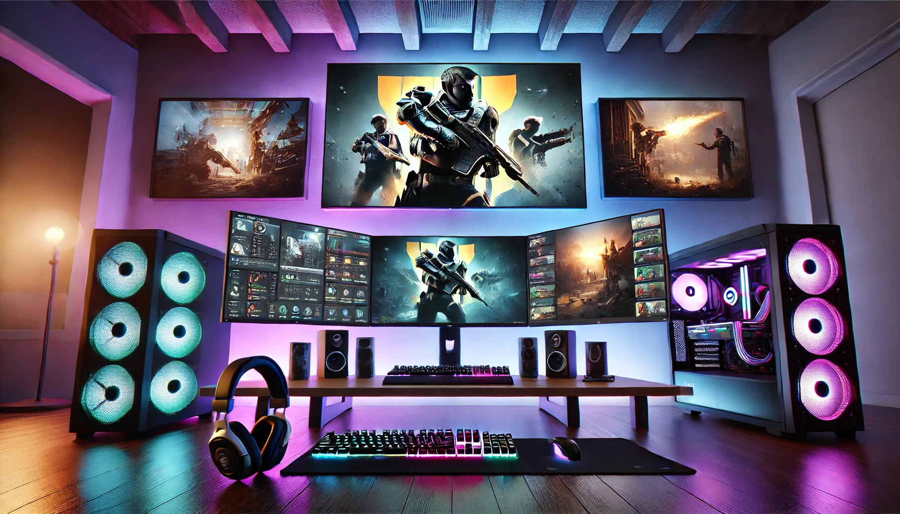 a high-tech gaming setup with multiple monitors showcasing gameplay from recent popular PC games, including first-person shooter, RPG, and horror genres.