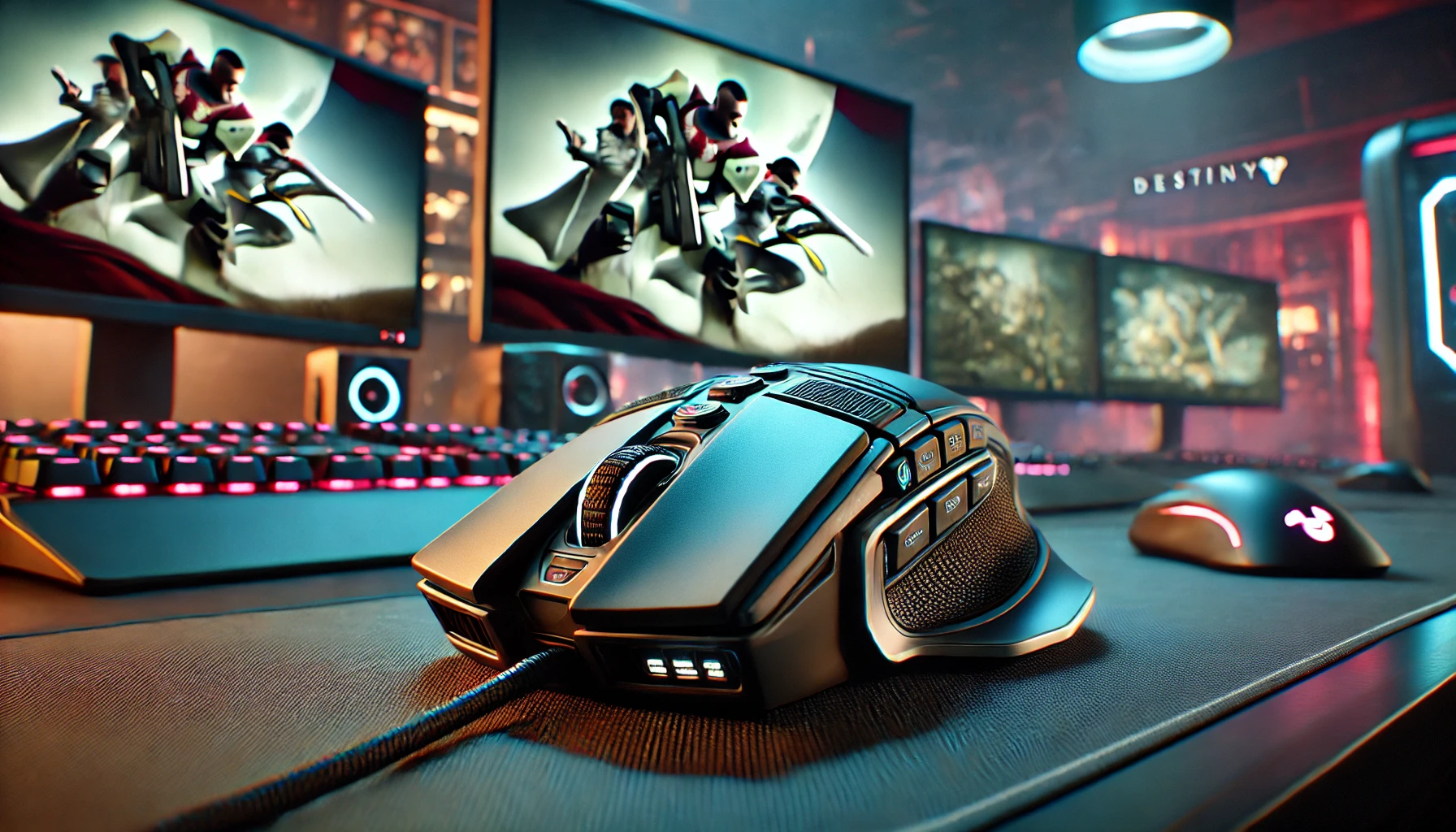 detailed gaming setup with a high-performance gaming mouse designed for playing Destiny 2 in 2024