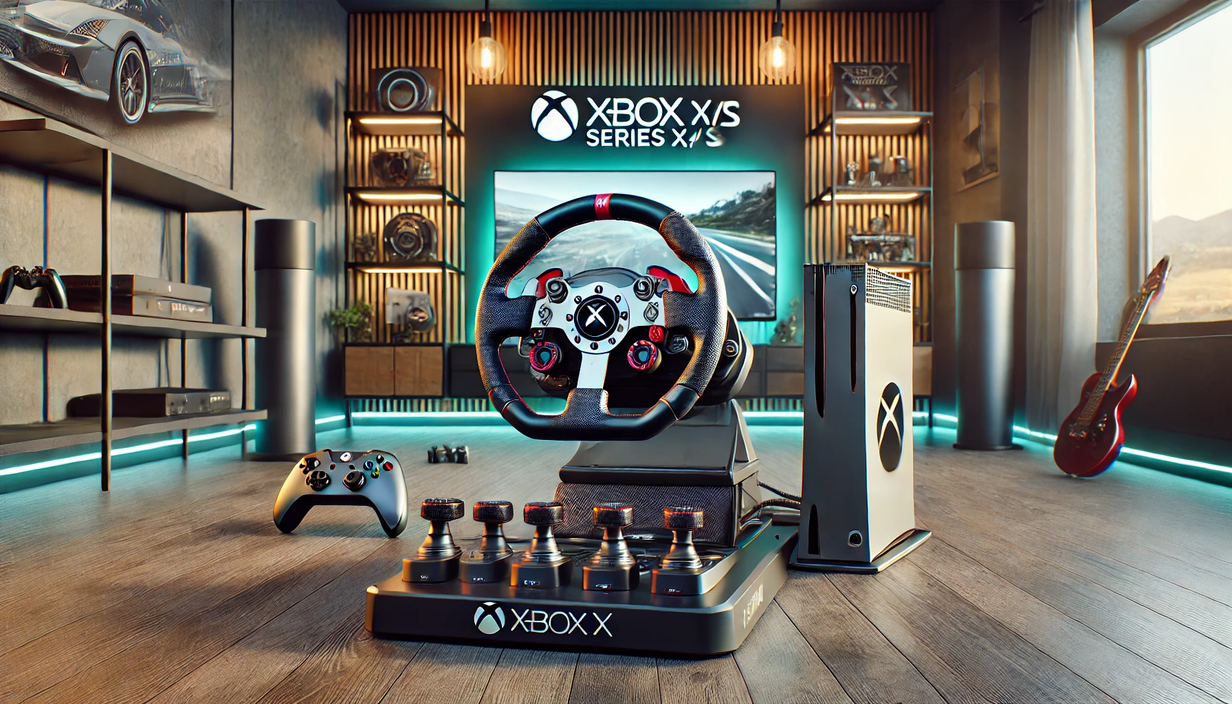  a modern gaming setup featuring an advanced racing wheel specifically designed for Xbox Series X|S, emphasizing its compatibility and sophisticated technology