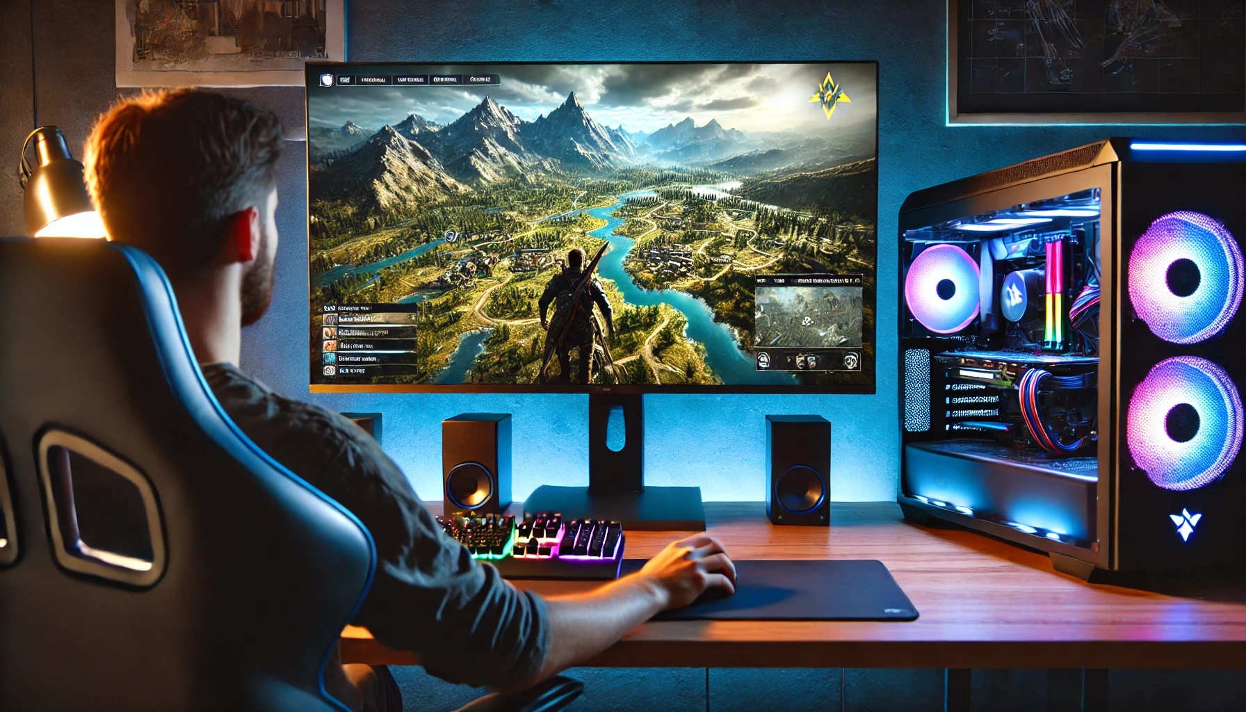 A PC gamer playing an immersive game with a detailed game map and location tracking displayed on a computer monitor.