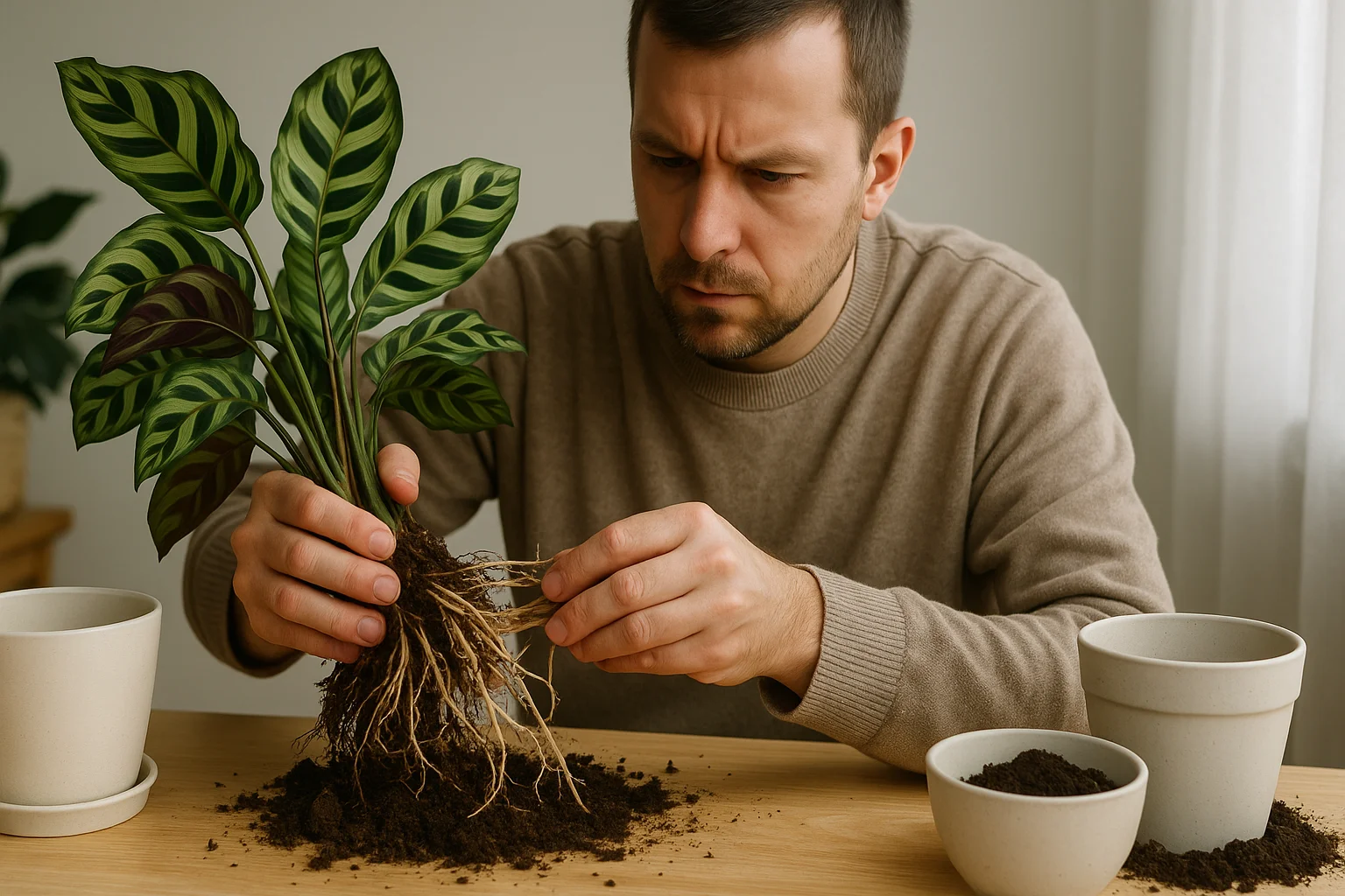 A man crouches at the base of a mulberry tree, carefully cutting a root sucker with pruning shears to control unwanted growth.