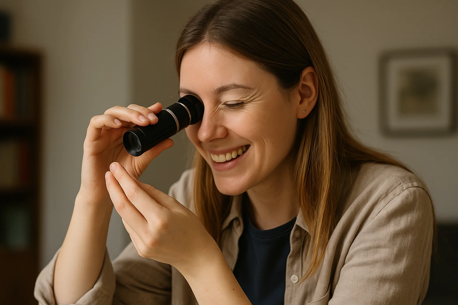 A smiling woman collector peers through a coin loupe, carefully examining a Buffalo nickel for minting errors.