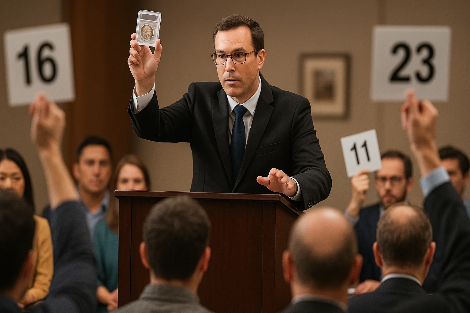An auctioneer holds up a capsule containing a rare Buffalo nickel while eager collectors in the room raise their paddles to place bids.