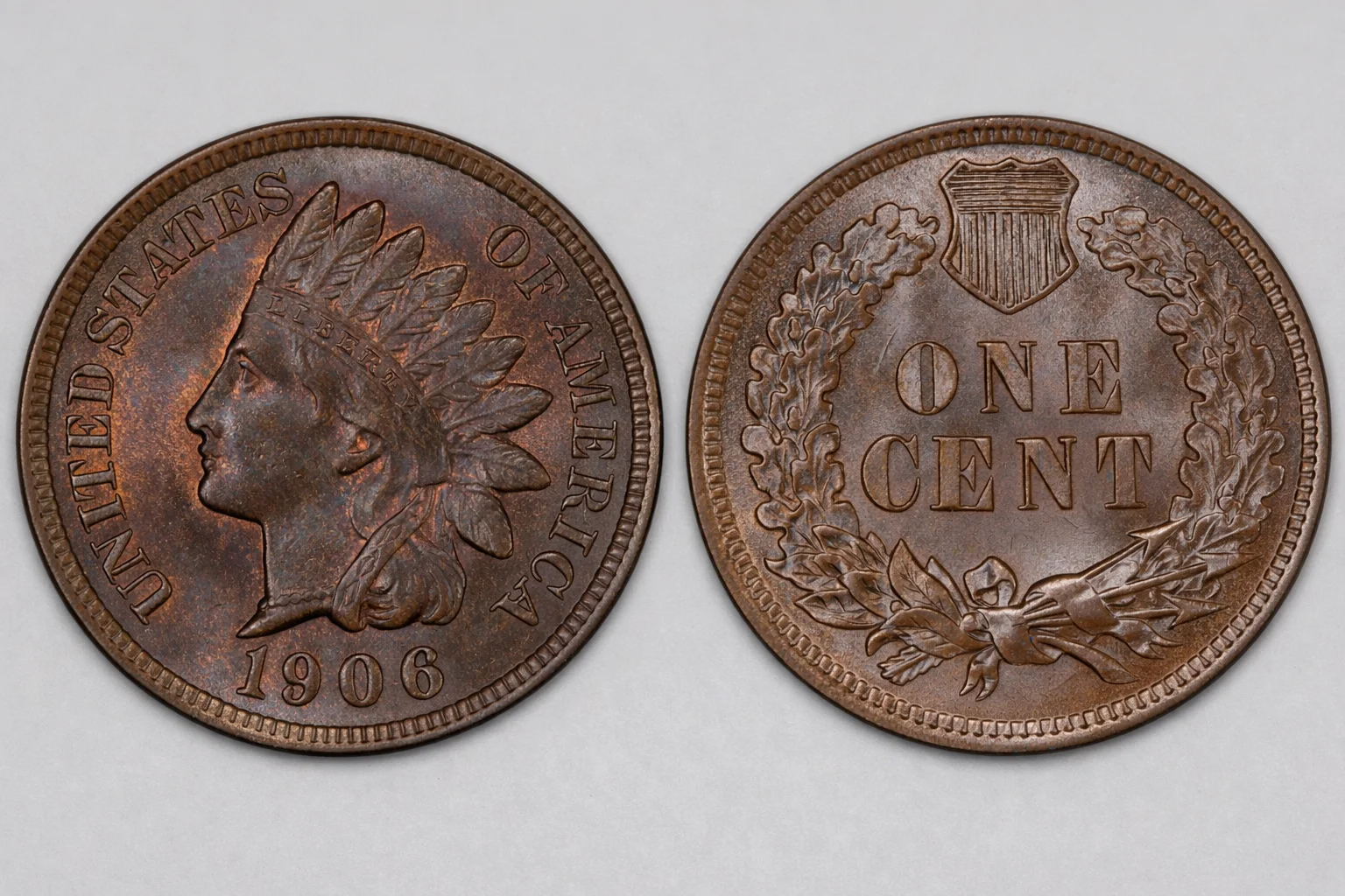 1906 Indian Head cent obverse and reverse with original brown patina.